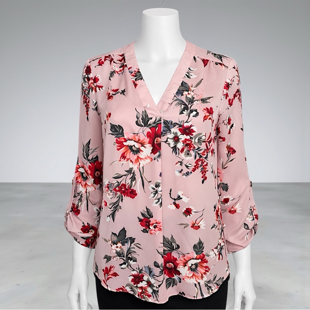 Zac & Rachel Blush Floral Print Roll-Tab Sleeve Blouse - Picture 8 of 11